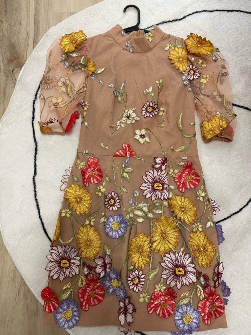 Elliatt Floral Embroidered Tan Dress with Yellow, Red & Purple Accents